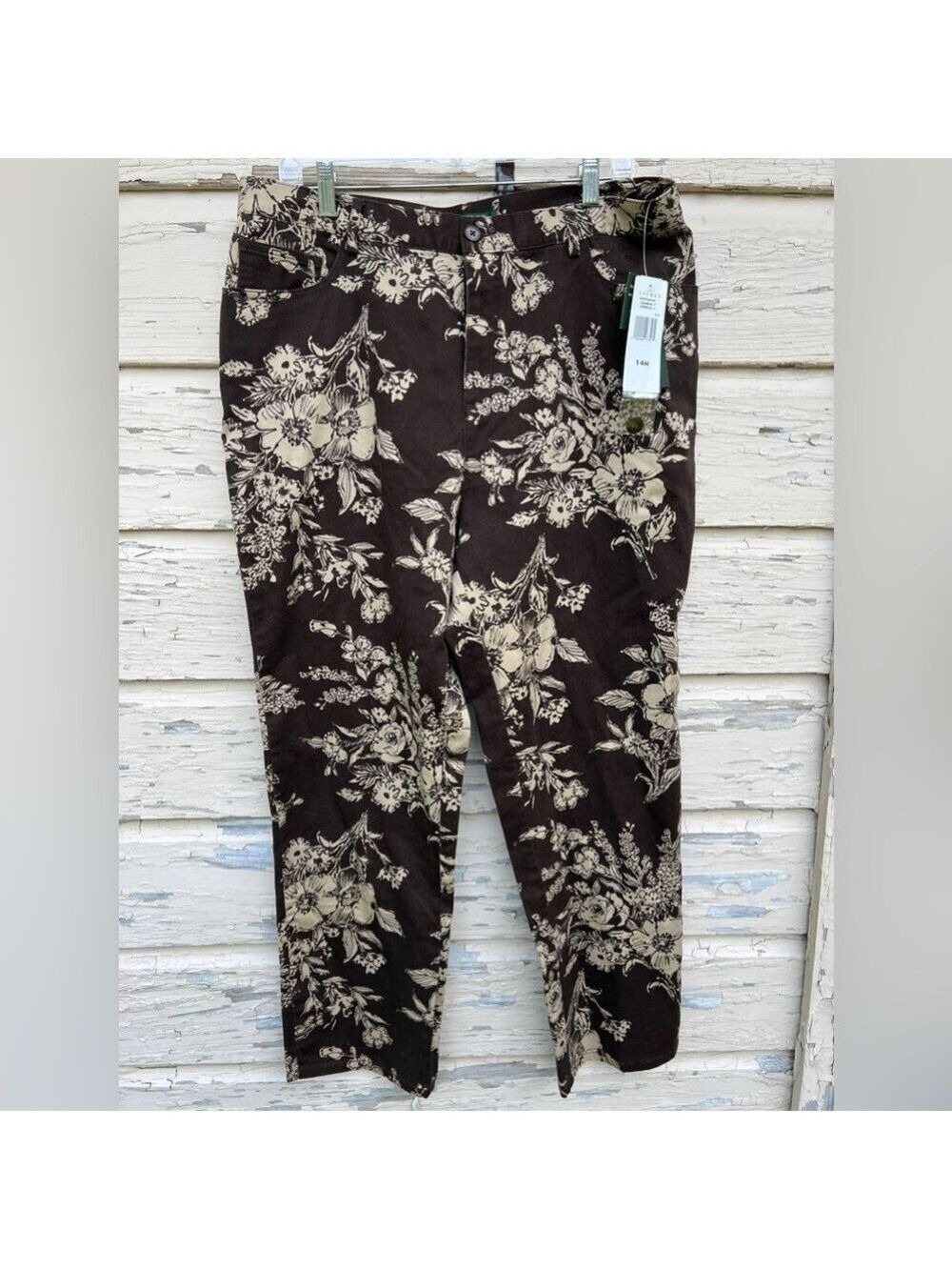 Vintage 90s Lauren Ralph Lauren Fall Espresso High-Rise Stretch Floral Pants 14W